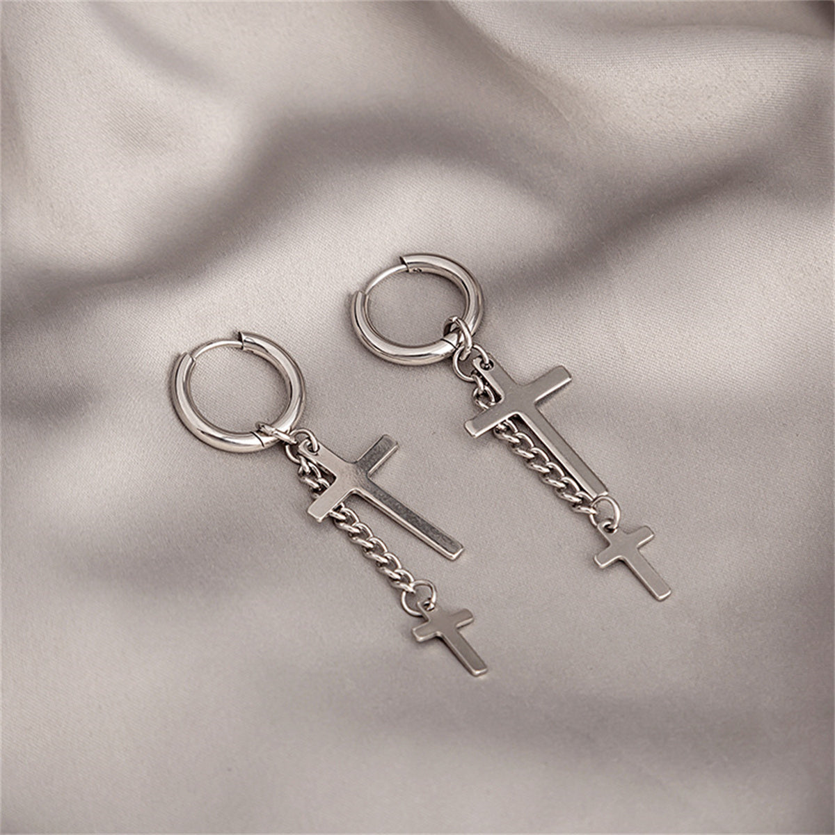 Silver-Plated Chain Cross Huggie Earrings