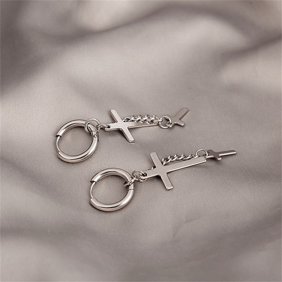 Silver-Plated Chain Cross Huggie Earrings, silver huggie earrings, elegant gift for her, front view