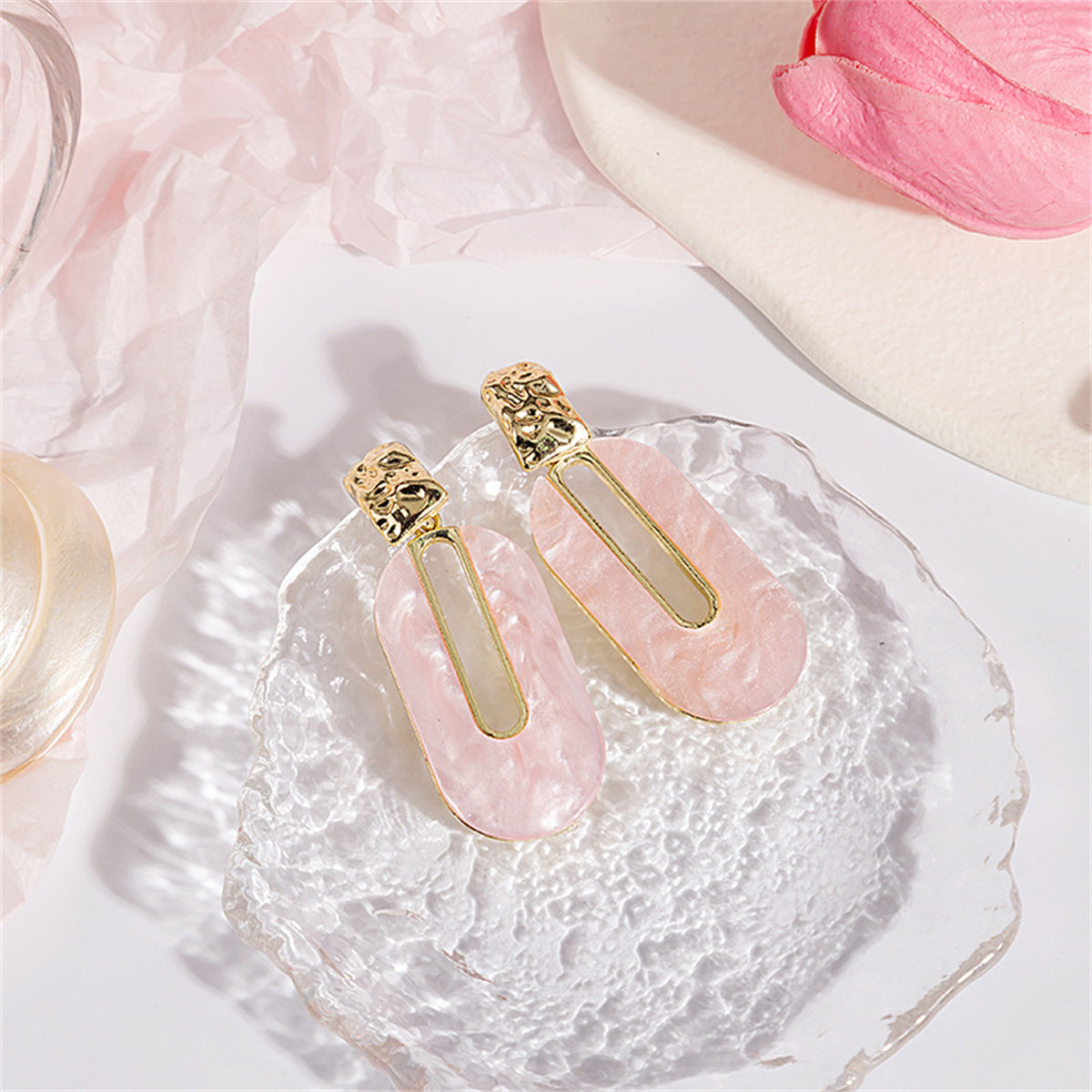 Pink Shell and 18K Gold-Plated Oval Drop Earrings, gold drop earrings for women, everyday style, front view