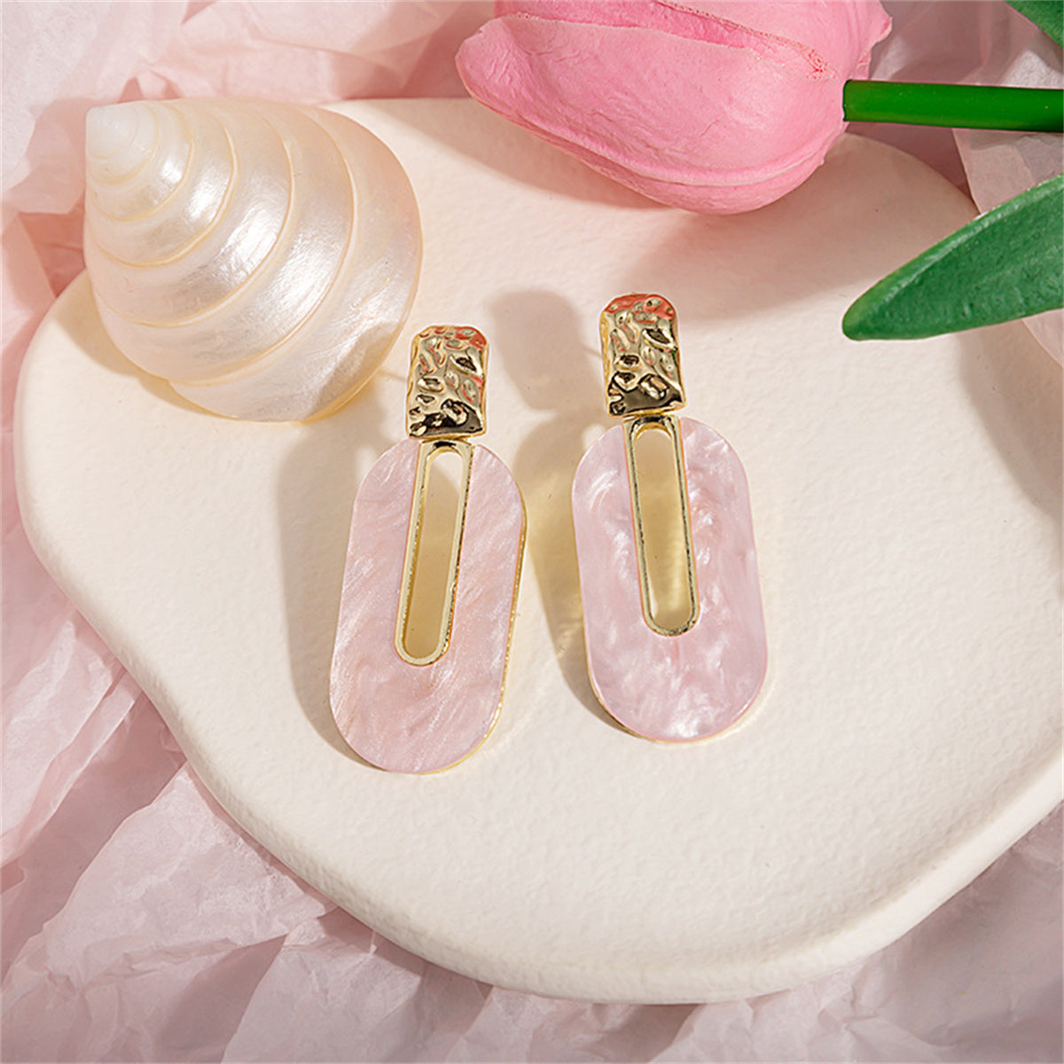 Pink Shell and 18K Gold-Plated Oval Drop Earrings, gold drop earrings for women, everyday style, detail close-up