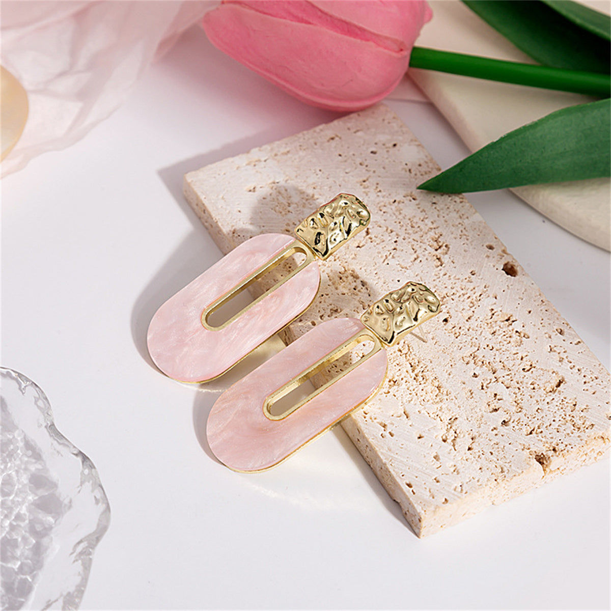 Pink Shell and 18K Gold-Plated Oval Drop Earrings, gold drop earrings for women, everyday style, lifestyle look