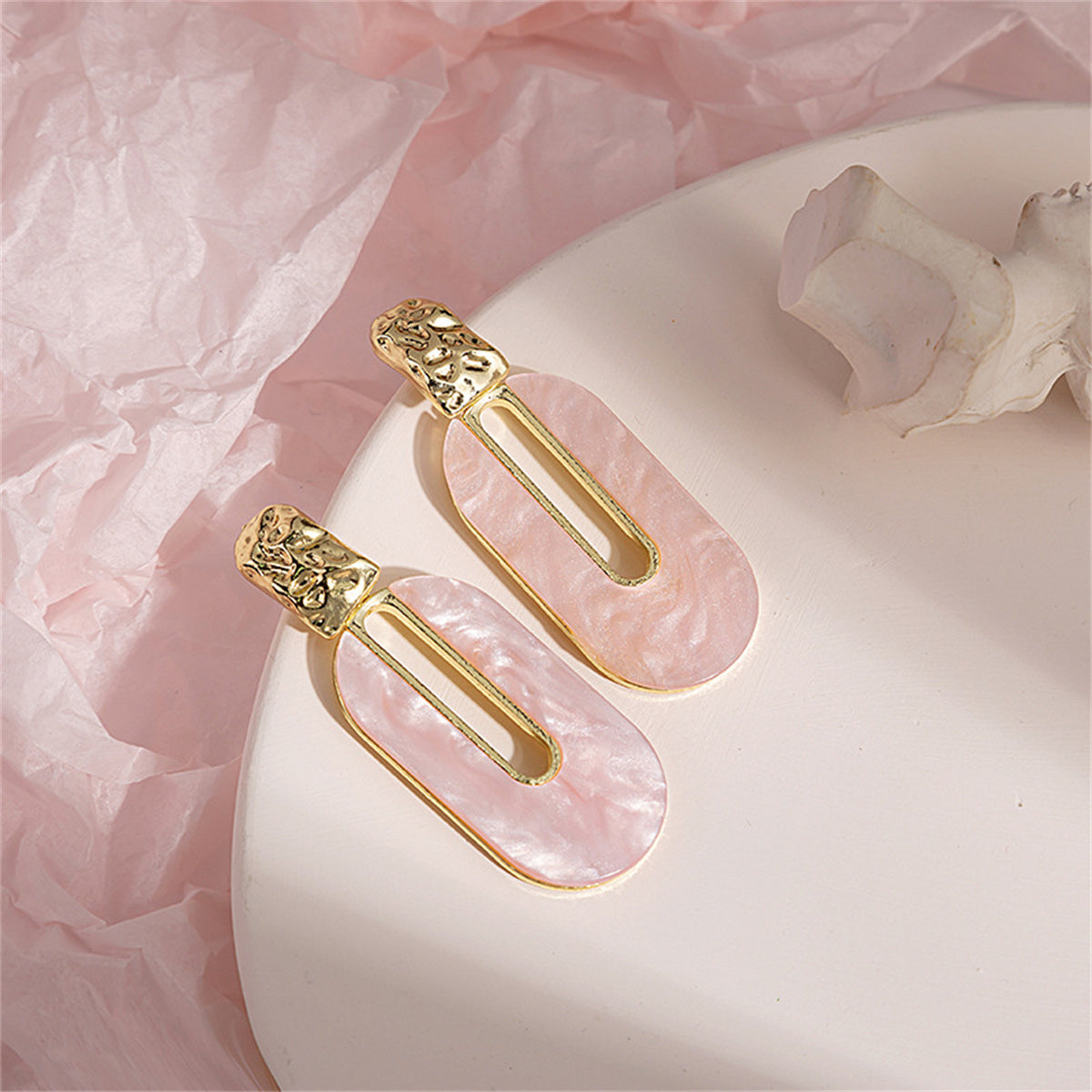 Pink Shell and 18K Gold-Plated Oval Drop Earrings, gold drop earrings for women, everyday style, side view