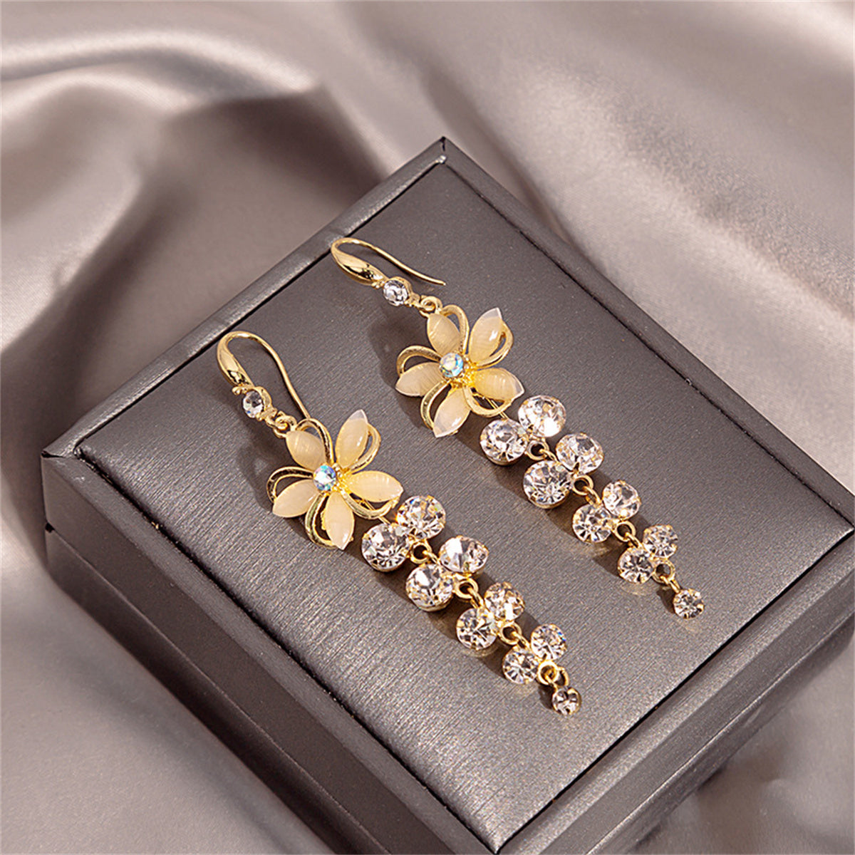 Cat's Eye and Cubic Zirconia Flower Cascading Drop Earrings, drop earrings for women, elegant gift for her, front view