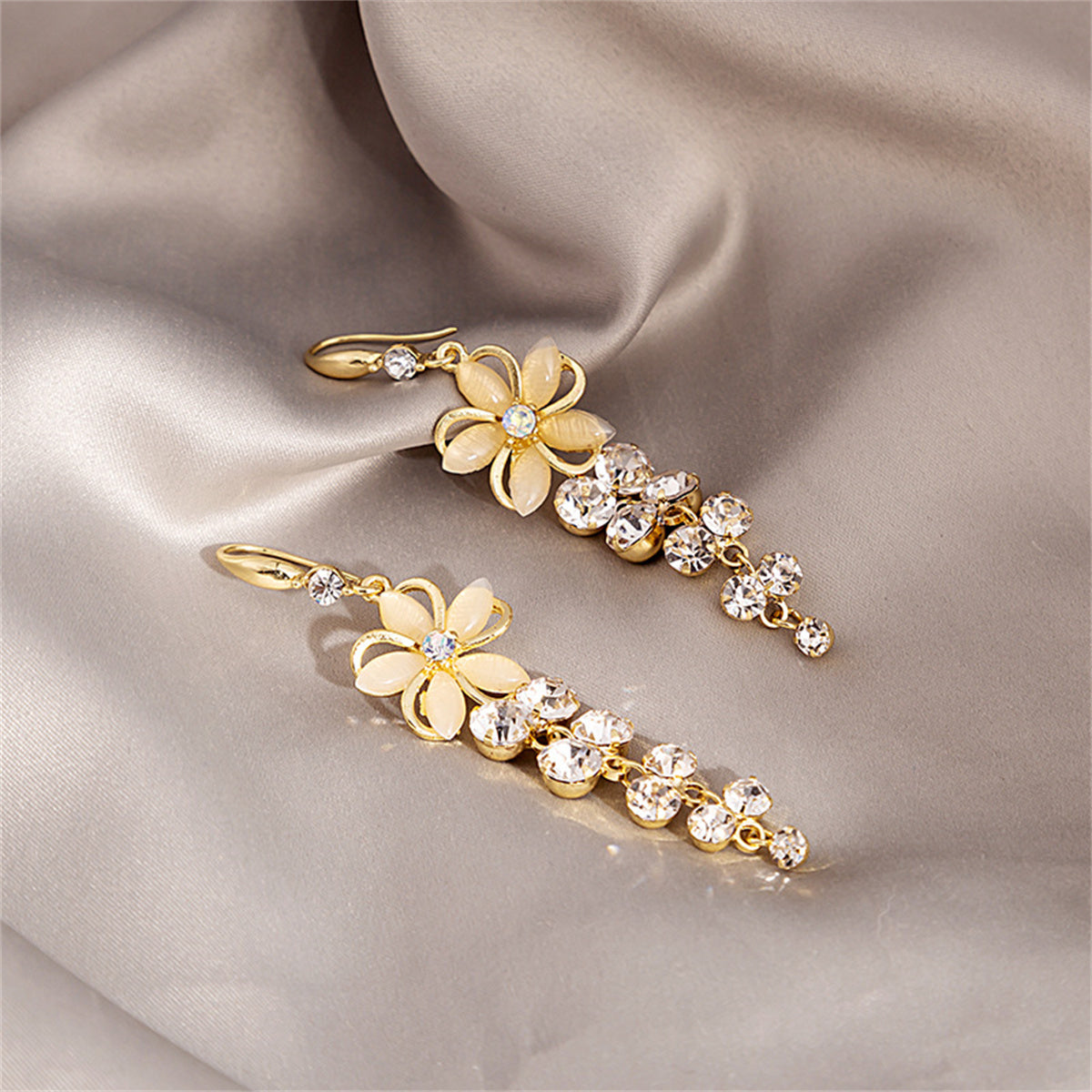 Cat's Eye and Cubic Zirconia Flower Cascading Drop Earrings, drop earrings for women, elegant gift for her, detail close-up