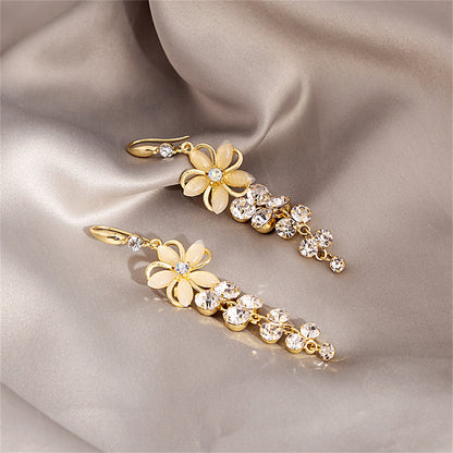 Cat's Eye and Cubic Zirconia Flower Cascading Drop Earrings, drop earrings for women, elegant gift for her, detail close-up