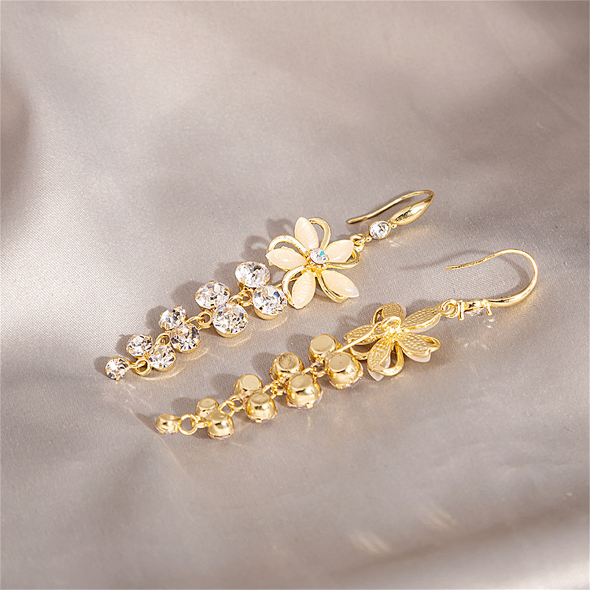 Cat's Eye and Cubic Zirconia Flower Cascading Drop Earrings, drop earrings for women, elegant gift for her, side view