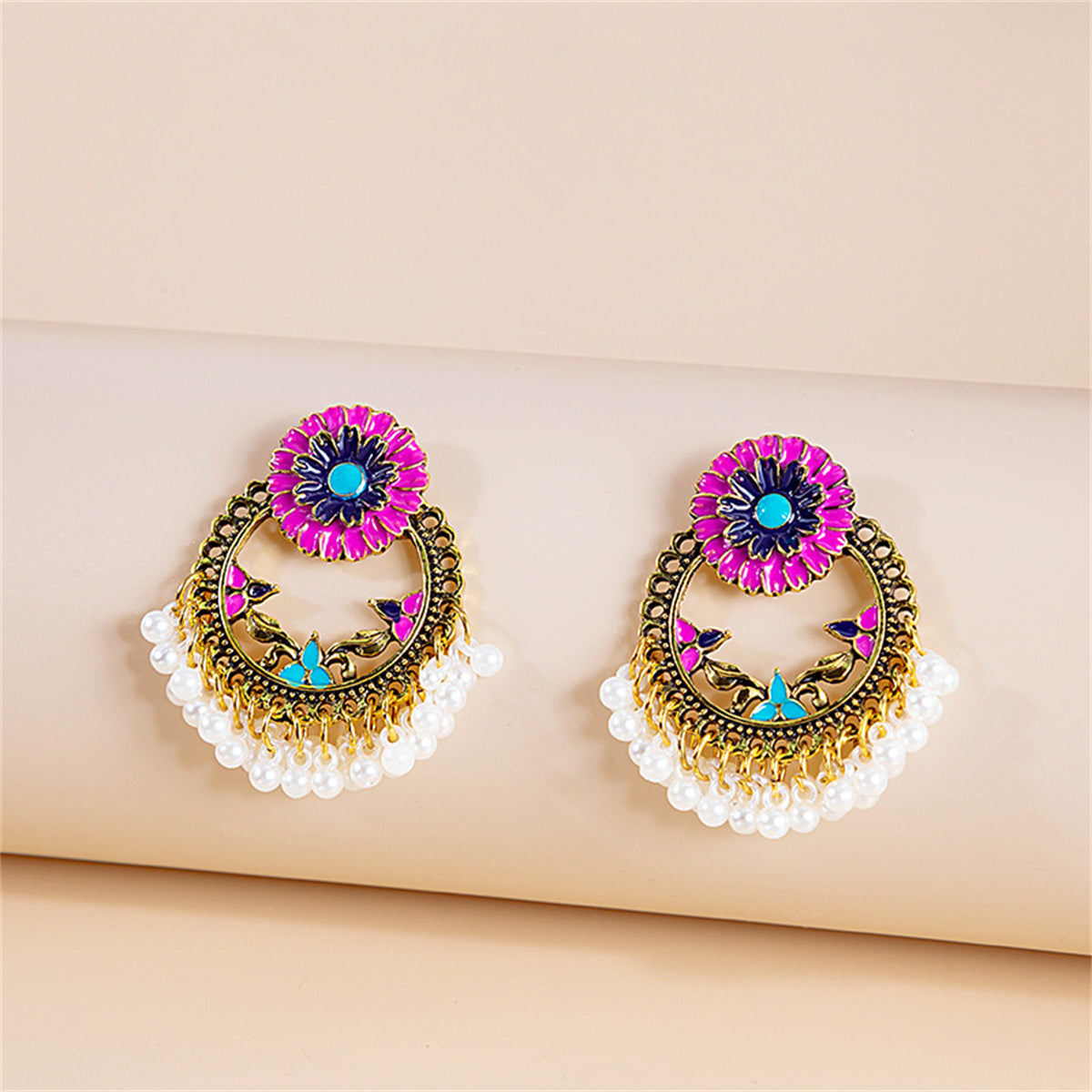 Pearl and Enamel 18K Gold-Plated Flower Openwork Drop Earrings, gold drop earrings for women, front view