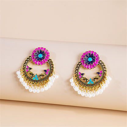 Pearl and Enamel 18K Gold-Plated Flower Openwork Drop Earrings, gold drop earrings for women, front view