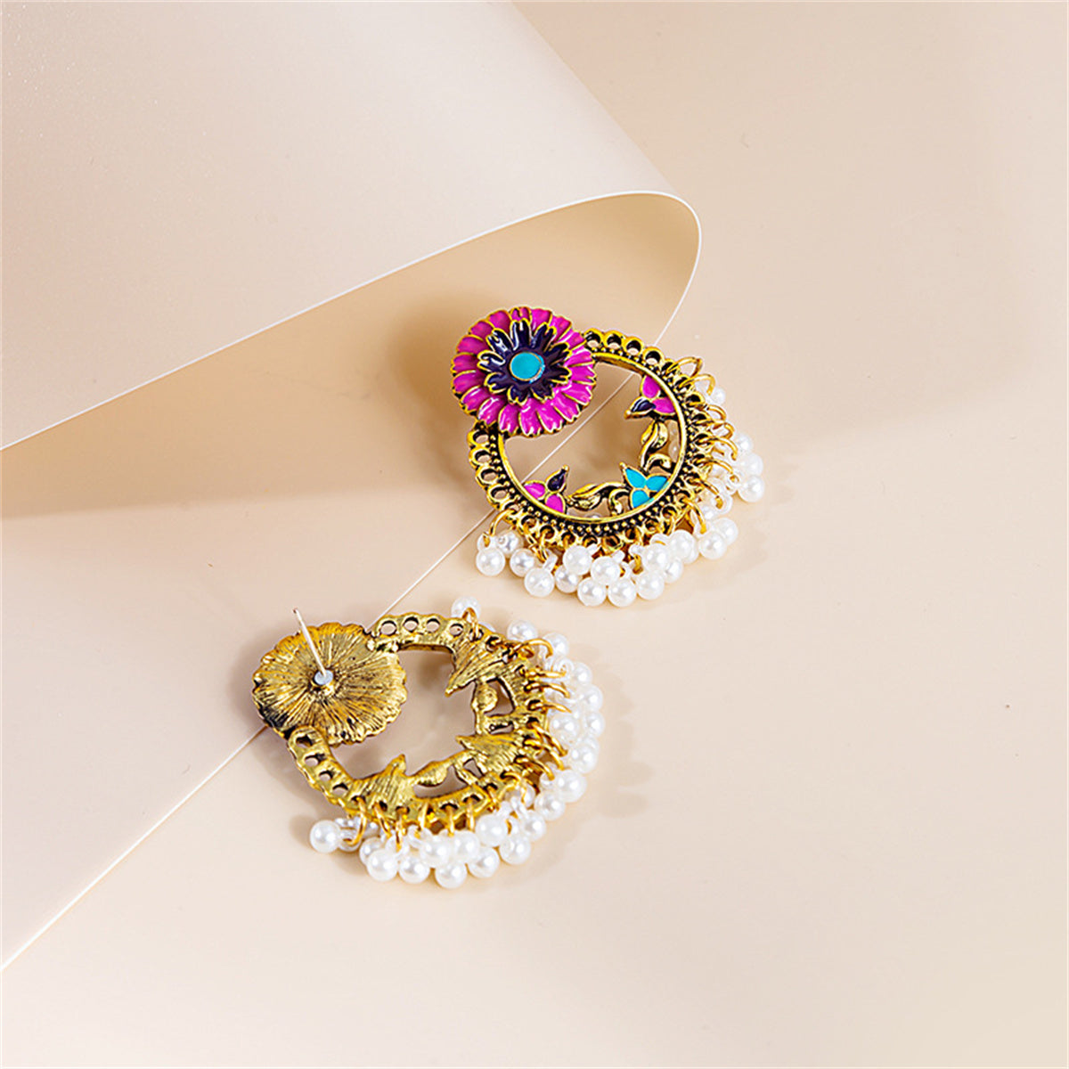 Pearl and Enamel 18K Gold-Plated Flower Openwork Drop Earrings, gold drop earrings for women, detail close-up