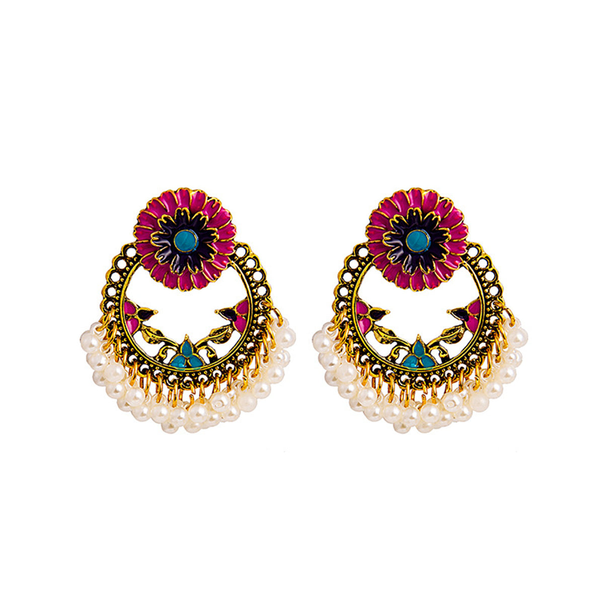 Pearl and Enamel 18K Gold-Plated Flower Openwork Drop Earrings, gold drop earrings for women, elegant gift for her, side view