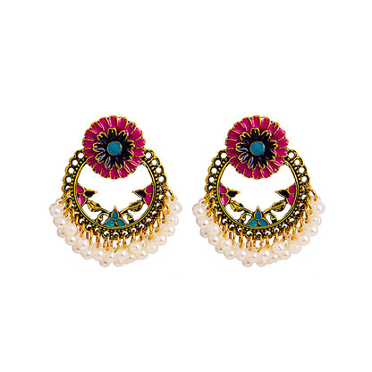 Pearl and Enamel 18K Gold-Plated Flower Openwork Drop Earrings, gold drop earrings for women, elegant gift for her, side view