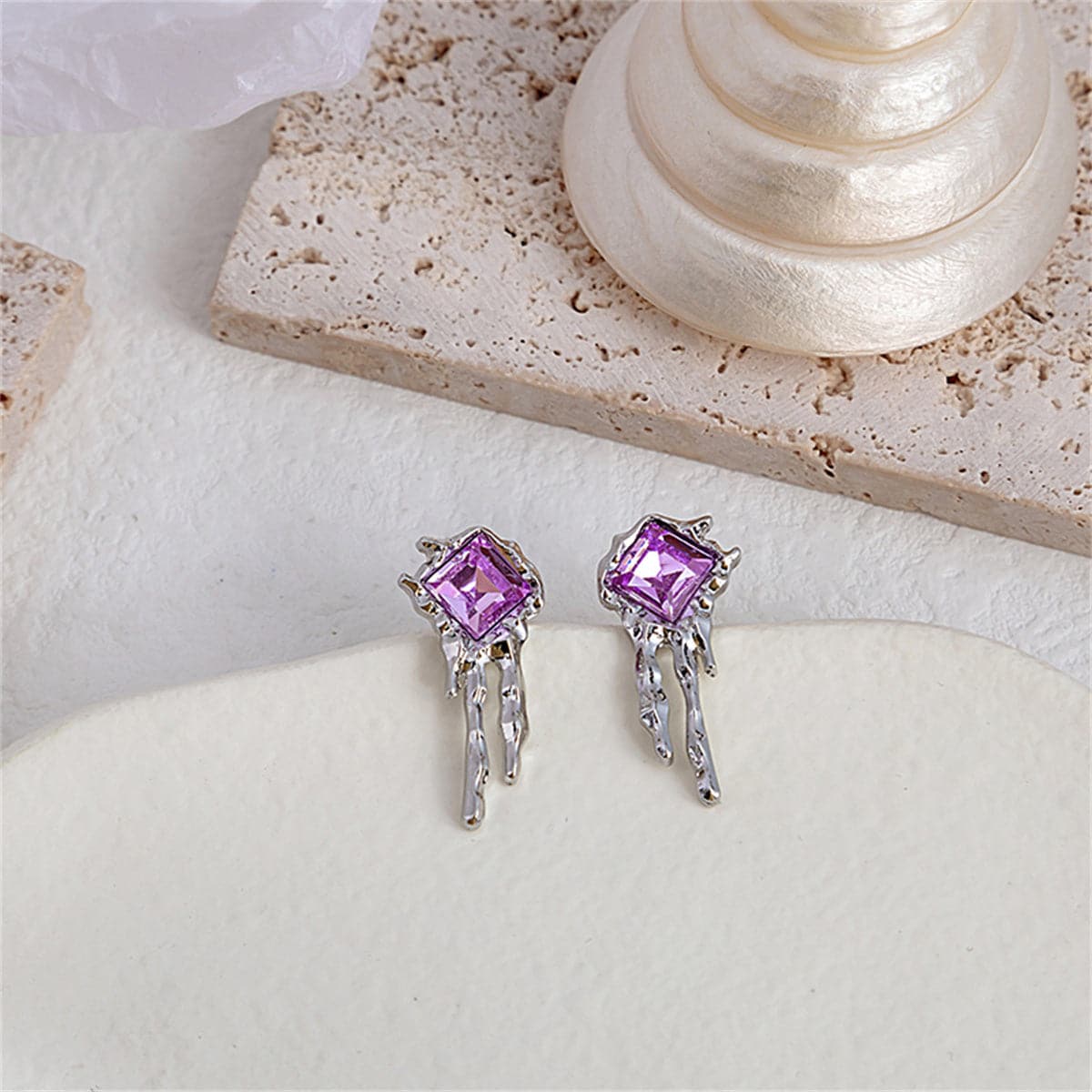 Purple Crystal and Silver-Plated Square Drip Stud Earrings, silver drop earrings for women, everyday style, front view