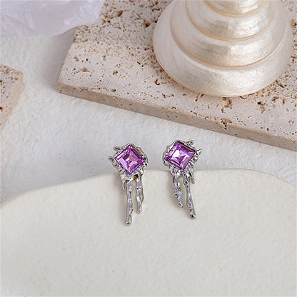 Purple Crystal and Silver-Plated Square Drip Stud Earrings, silver drop earrings for women, everyday style, front view
