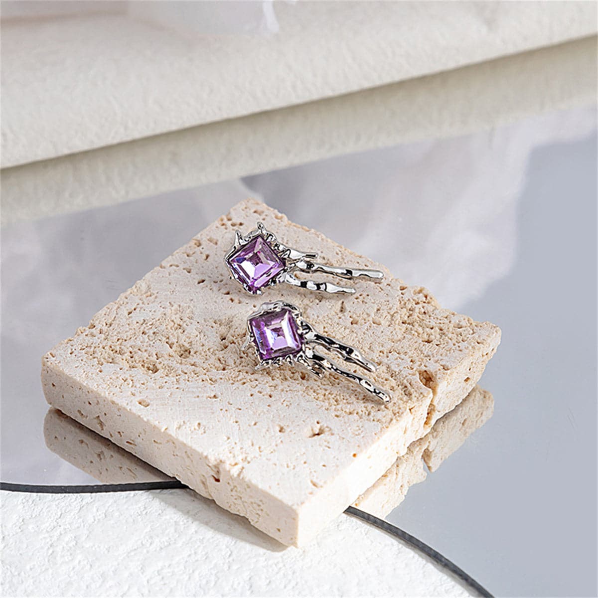 Purple Crystal and Silver-Plated Square Drip Stud Earrings, silver drop earrings for women, everyday style, detail close-up