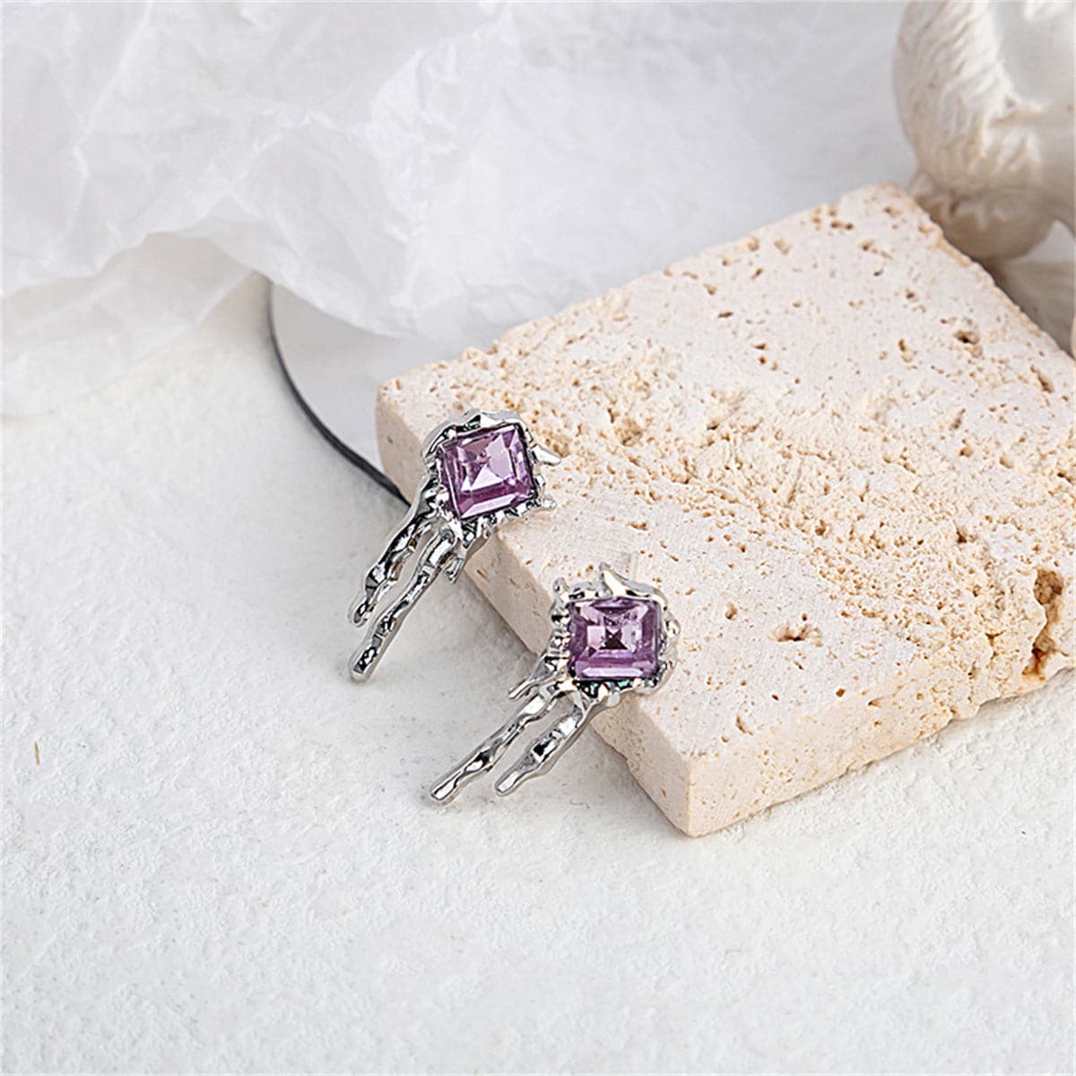 Purple Crystal and Silver-Plated Square Drip Stud Earrings, silver drop earrings for women, everyday style, lifestyle look