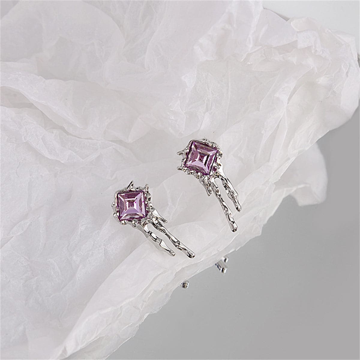 Purple Crystal and Silver-Plated Square Drip Stud Earrings, silver drop earrings for women, everyday style, side view