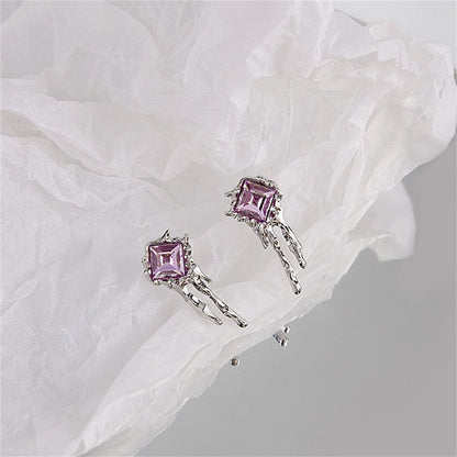 Purple Crystal and Silver-Plated Square Drip Stud Earrings, silver drop earrings for women, everyday style, side view