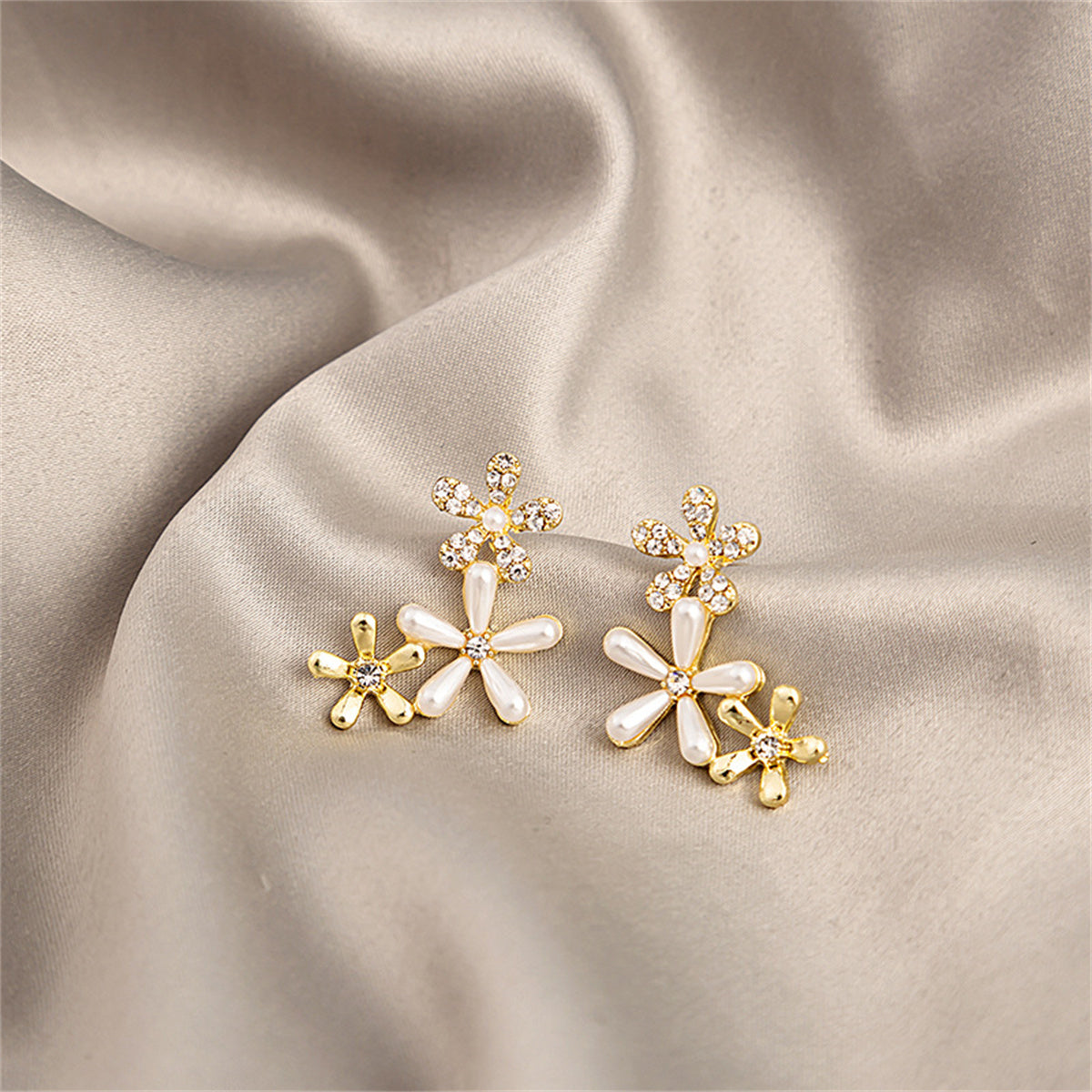 Clear Cubic Zirconia and Pearl Tri-Flower Stud Earrings, stud earrings for women, vintage-inspired design, front view