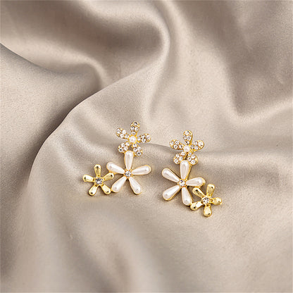 Clear Cubic Zirconia and Pearl Tri-Flower Stud Earrings, stud earrings for women, vintage-inspired design, front view