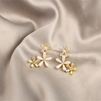 Clear Cubic Zirconia & Pearl Tri-Flower Stud Earrings