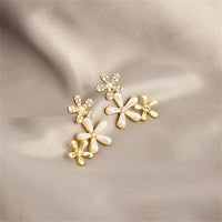 Clear Cubic Zirconia & Pearl Tri-Flower Stud Earrings