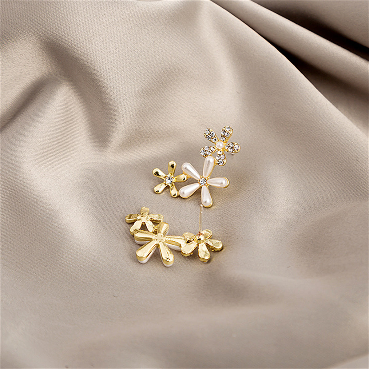 Clear Cubic Zirconia and Pearl Tri-Flower Stud Earrings, stud earrings for women, vintage-inspired design, lifestyle look