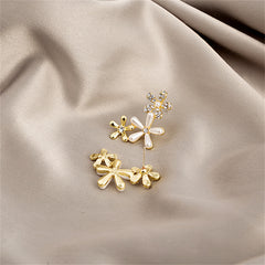 Clear Cubic Zirconia & Pearl Tri-Flower Stud Earrings