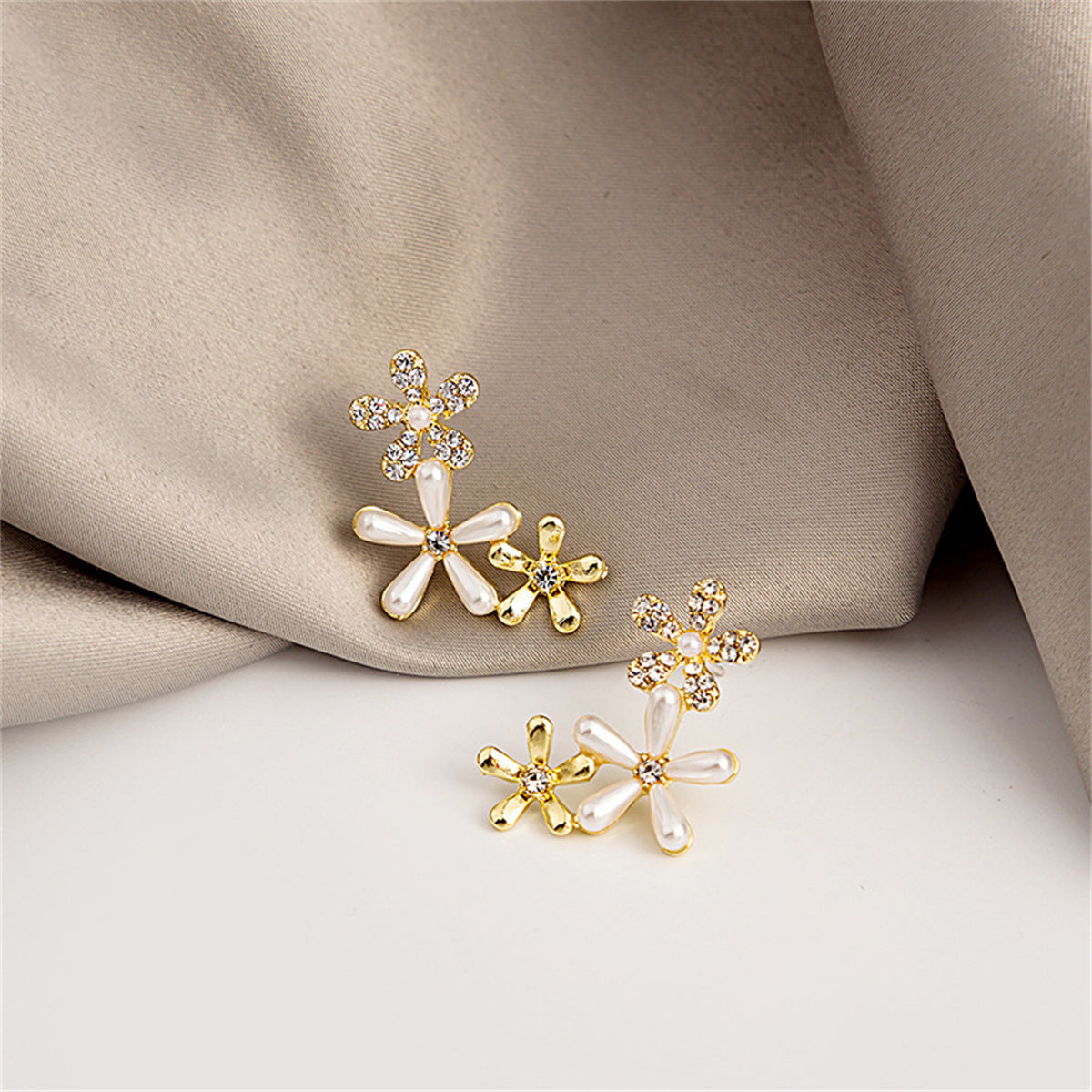 Clear Cubic Zirconia and Pearl Tri-Flower Stud Earrings, stud earrings for women, vintage-inspired design, side view