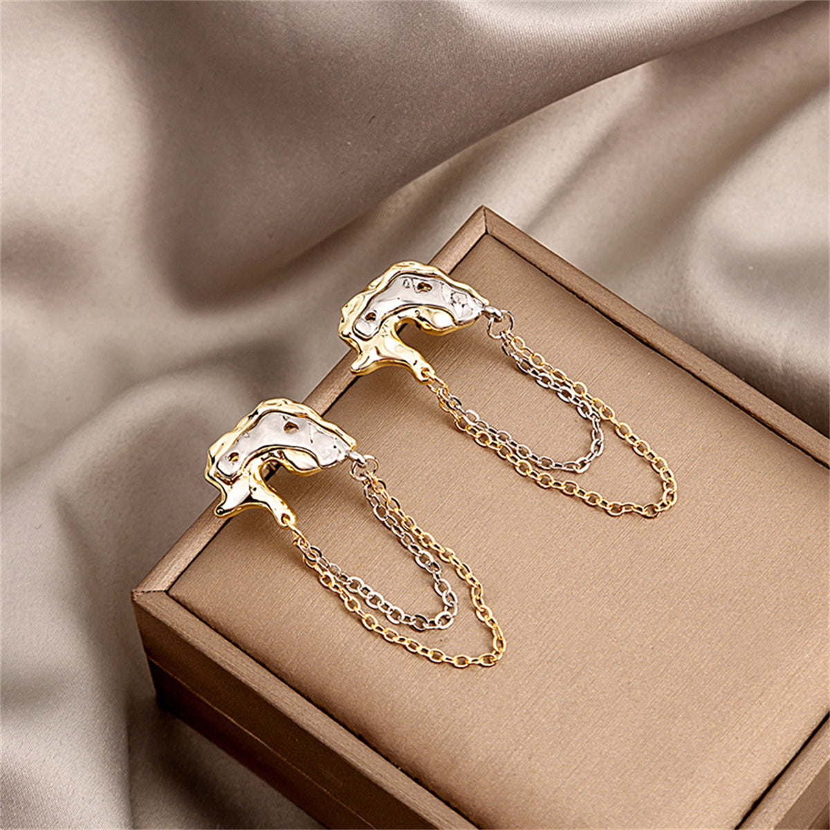 Two-Tone Abstract Hammered Chain Drop Earrings, drop earrings for women, elegant gift for her, front view