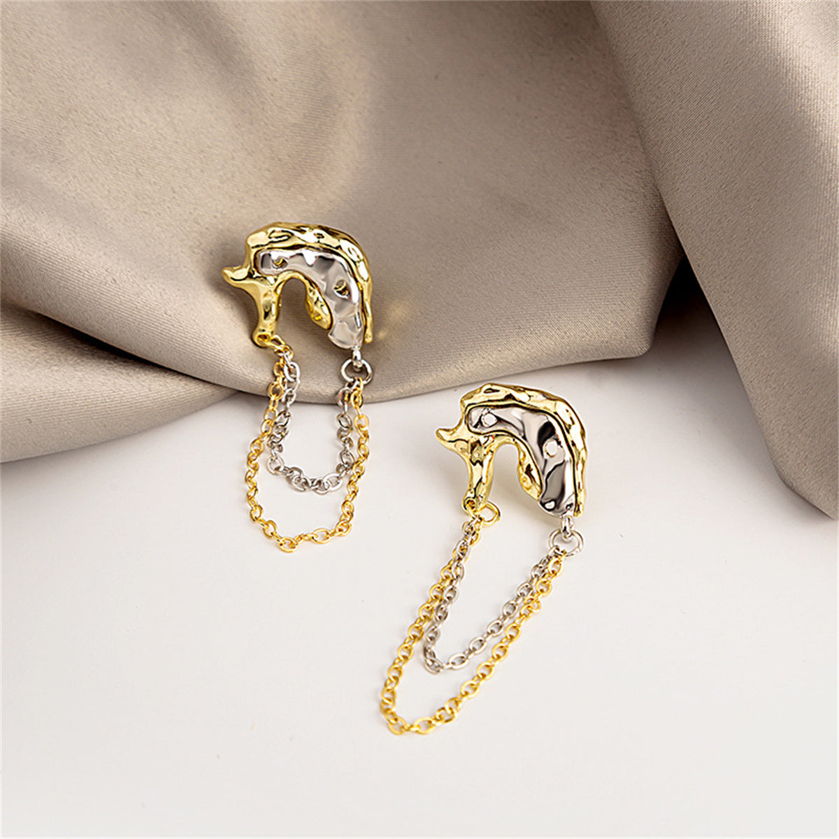 Two-Tone Abstract Hammered Chain Drop Earrings, drop earrings for women, elegant gift for her, lifestyle look