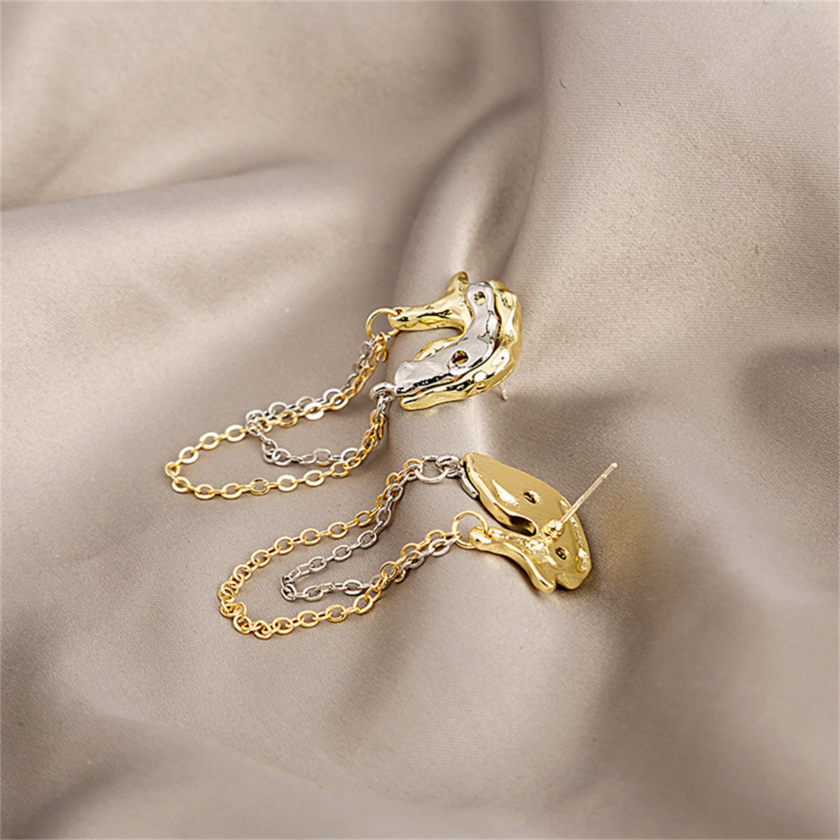 Two-Tone Abstract Hammered Chain Drop Earrings, drop earrings for women, elegant gift for her, side view