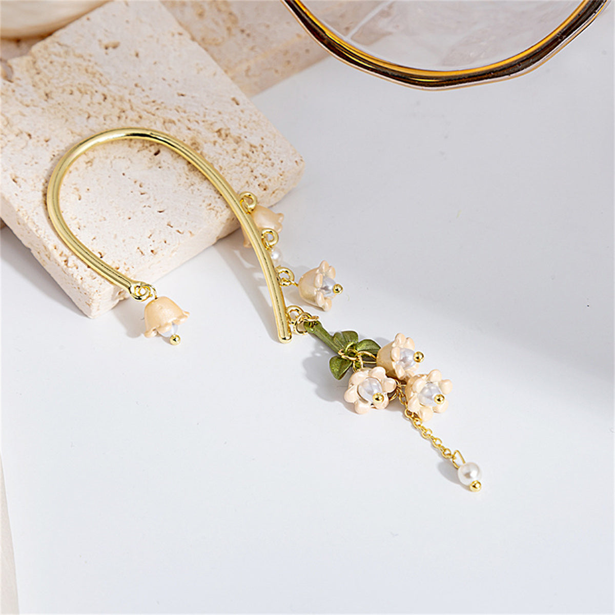 Pearl and 18K Gold-Plated Floral Ear Climber, gold drop earrings for women, dainty minimalist design, front view