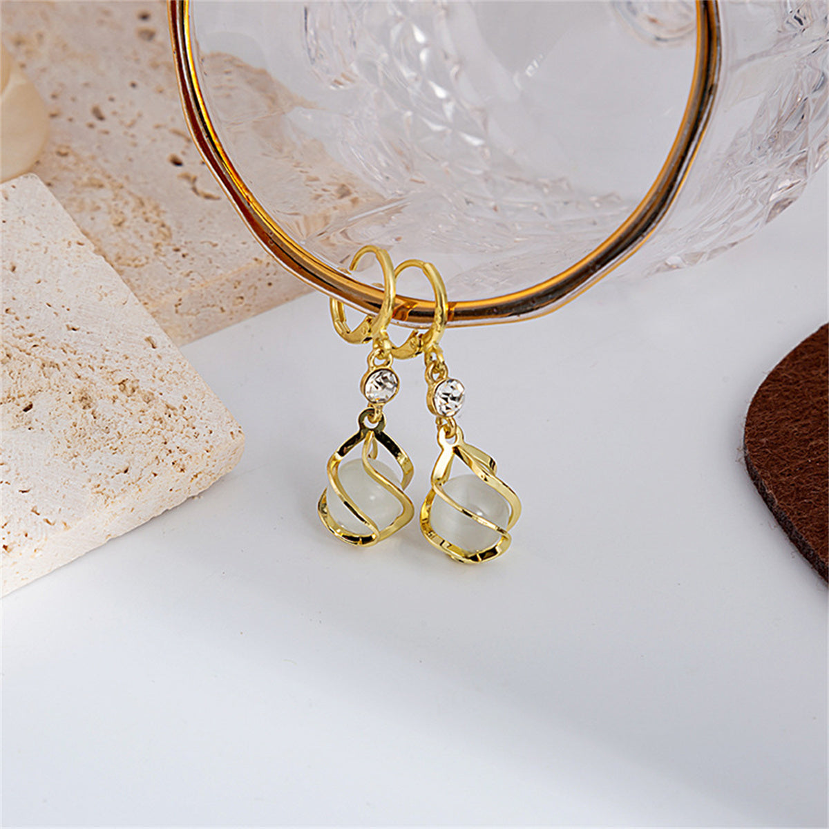 White Cat's Eye and Cubic Zirconia Twisted Huggie Drop Earrings, huggie earrings, elegant gift for her, front view