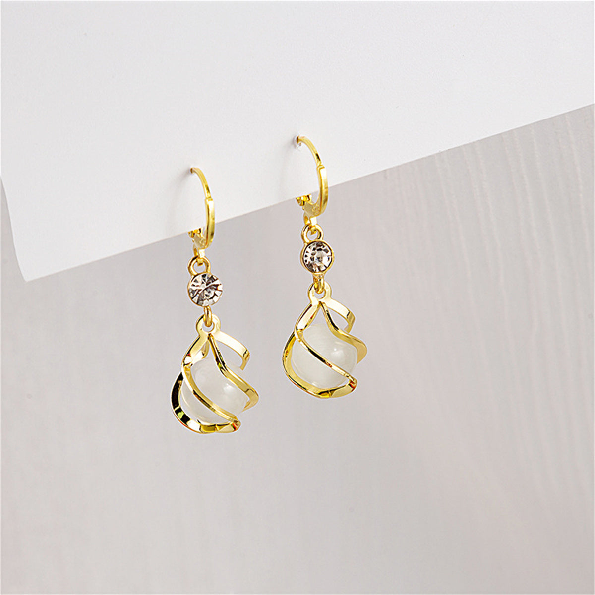 White Cat's Eye and Cubic Zirconia Twisted Huggie Drop Earrings, huggie earrings, elegant gift for her, detail close-up