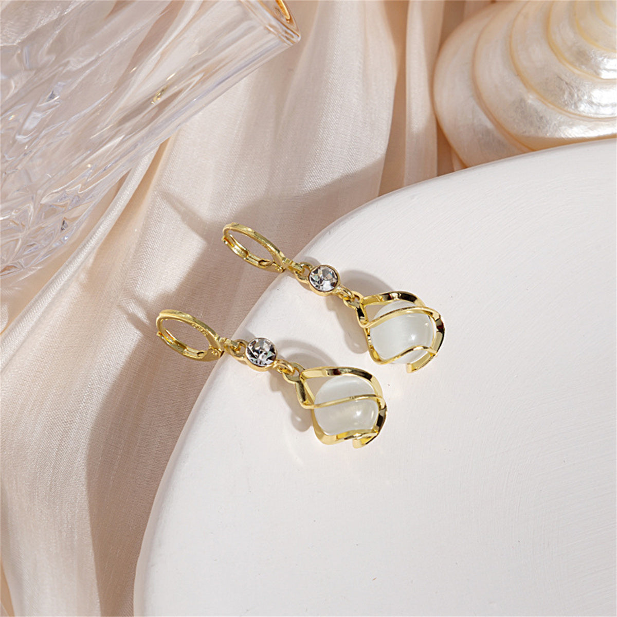 White Cat's Eye and Cubic Zirconia Twisted Huggie Drop Earrings, huggie earrings, elegant gift for her, lifestyle look