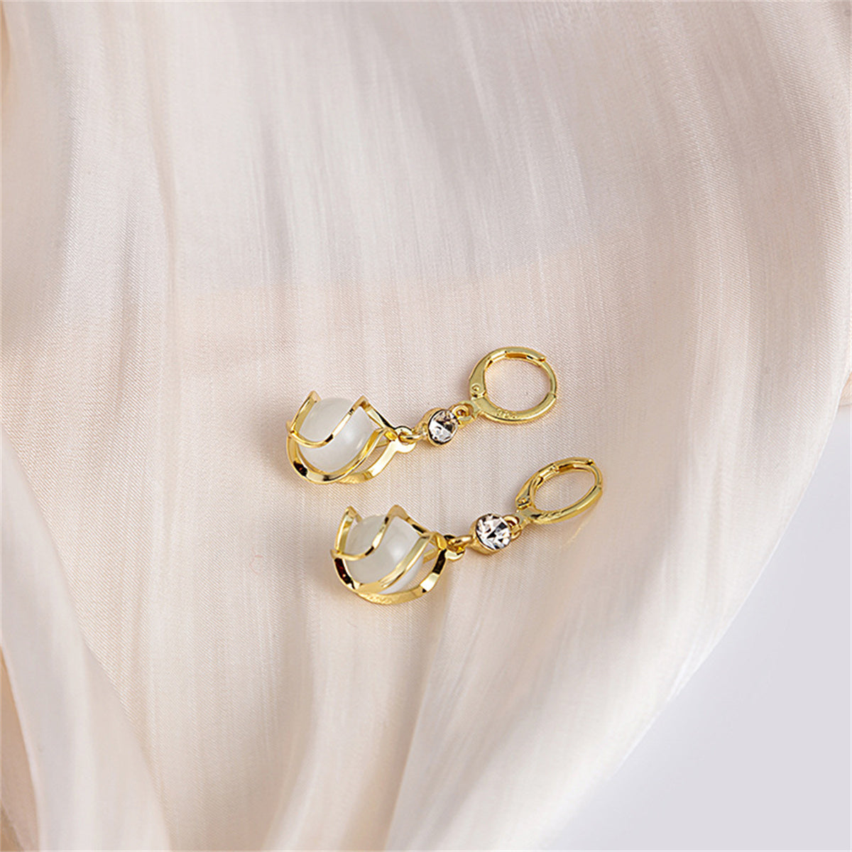 White Cat's Eye and Cubic Zirconia Twisted Huggie Drop Earrings, huggie earrings, elegant gift for her, side view