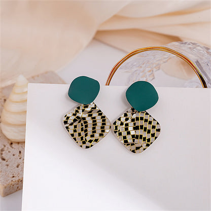 Teal Enamel and Acrylic Silver-Plated Round Rhombus Drop Earrings, silver drop earrings for women, front view
