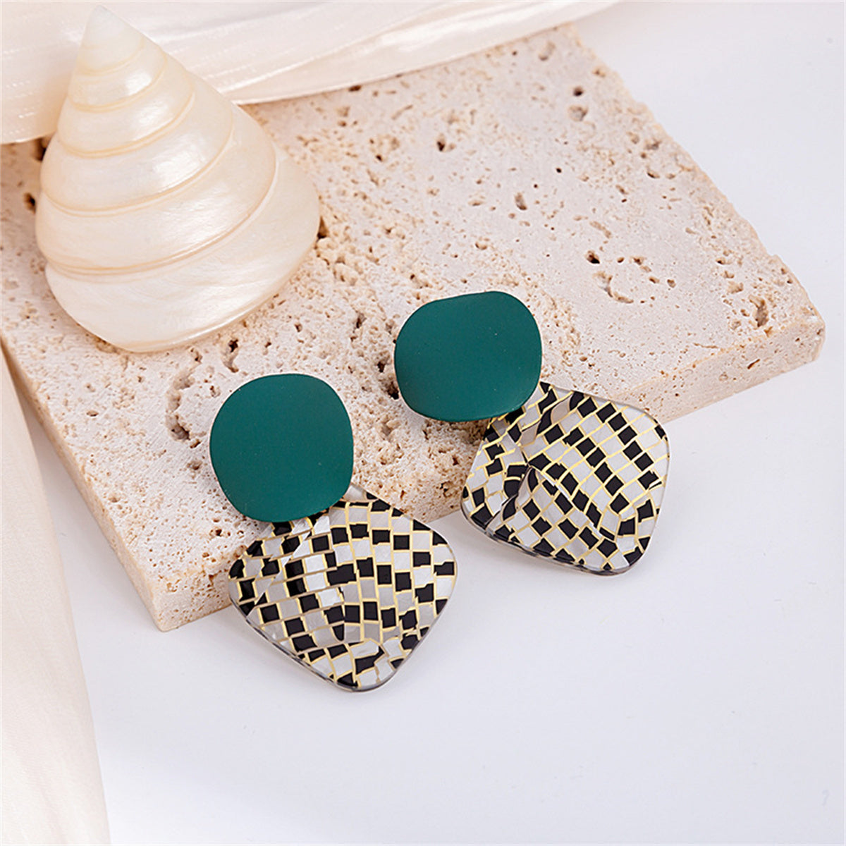 Teal Enamel and Acrylic Silver-Plated Round Rhombus Drop Earrings, silver drop earrings for women, detail close-up