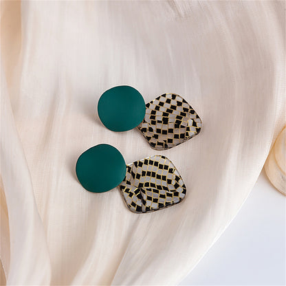 Teal Enamel and Acrylic Silver-Plated Round Rhombus Drop Earrings, silver drop earrings for women, lifestyle look