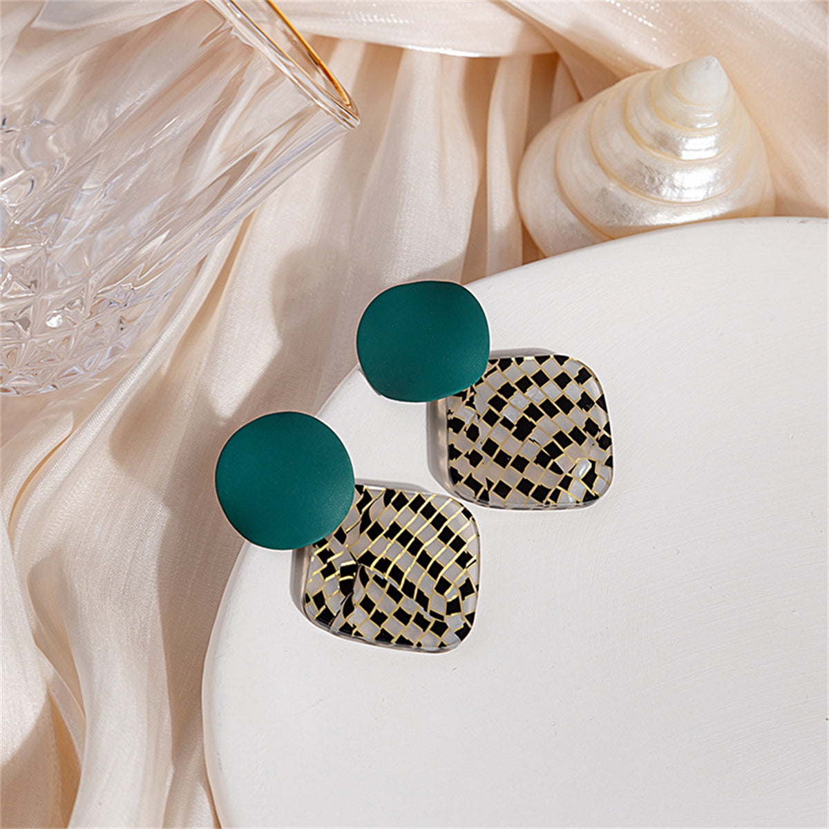 Teal Enamel and Acrylic Silver-Plated Round Rhombus Drop Earrings, silver drop earrings for women, side view
