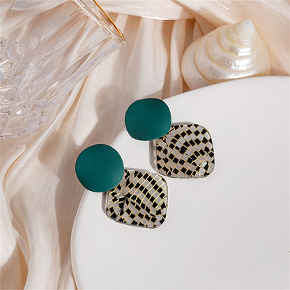 Teal Enamel and Acrylic Silver-Plated Round Rhombus Drop Earrings, silver drop earrings for women, side view