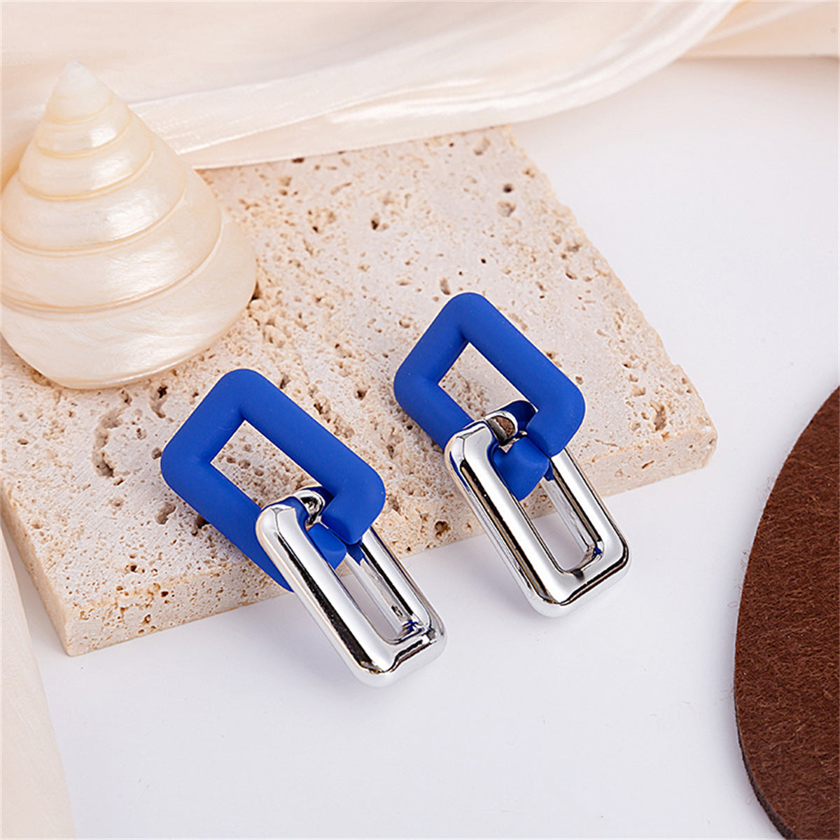 Blue Acrylic and Silver-Plated Chain Link Drop Earrings, silver drop earrings for women, elegant gift for her, side view