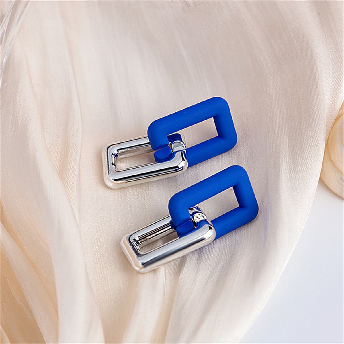 Blue Acrylic and Silver-Plated Chain Link Drop Earrings, silver drop earrings for women, elegant gift for her, front view
