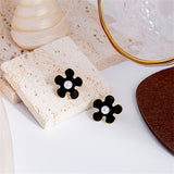 Pearl & Black Enamel 18k Gold-Plated Flower Stud Earrings