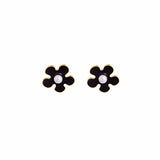 Pearl & Black Enamel 18k Gold-Plated Flower Stud Earrings