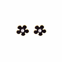 Pearl & Black Enamel 18K Gold-Plated Flower Stud Earrings