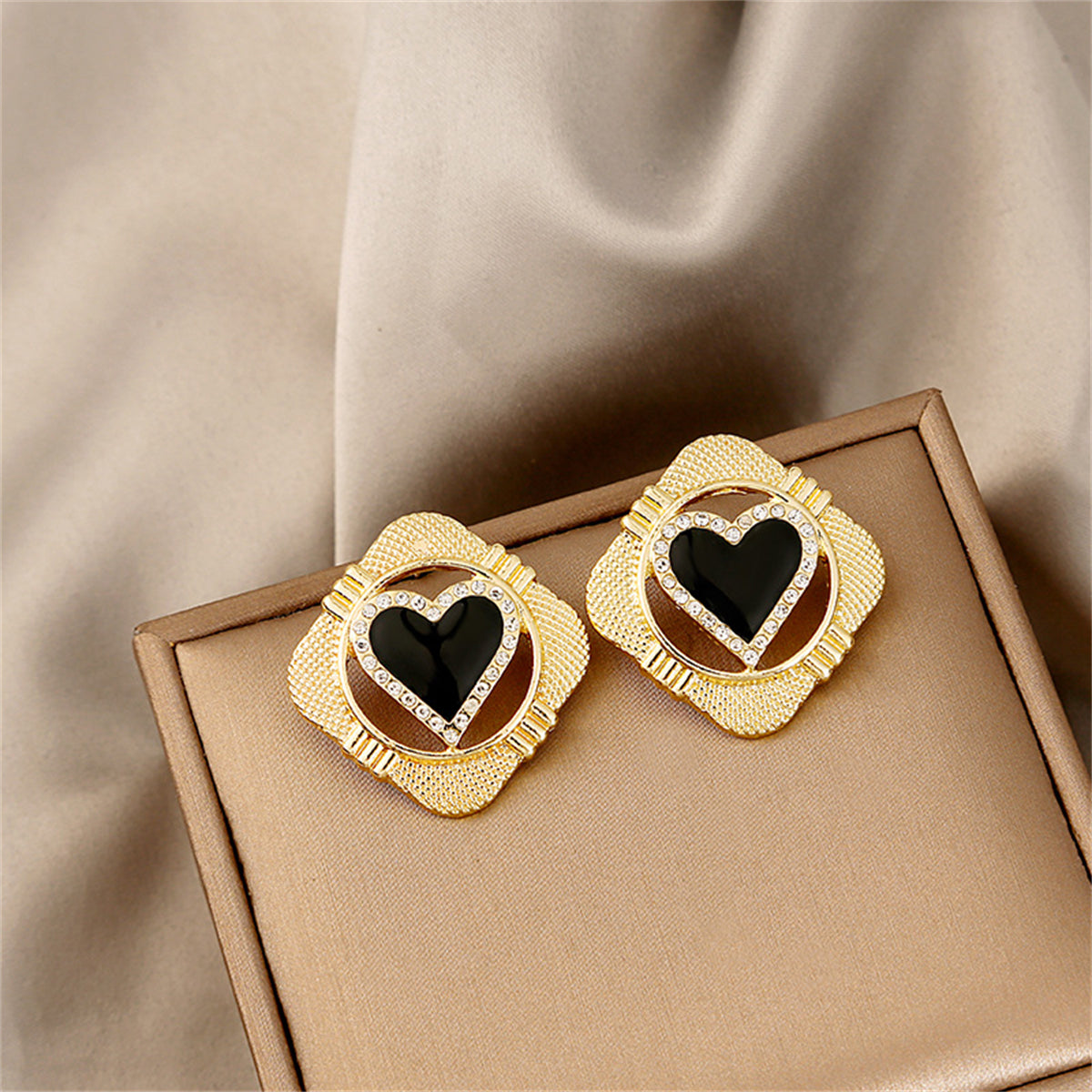 Cubic Zirconia and 18K Gold-Plated Heart Rhombus Stud Earrings, gold stud earrings for women, everyday style, front view
