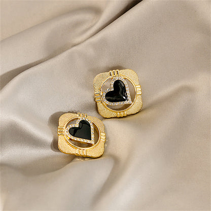 Cubic Zirconia and 18K Gold-Plated Heart Rhombus Stud Earrings, gold stud earrings for women, everyday style, side view