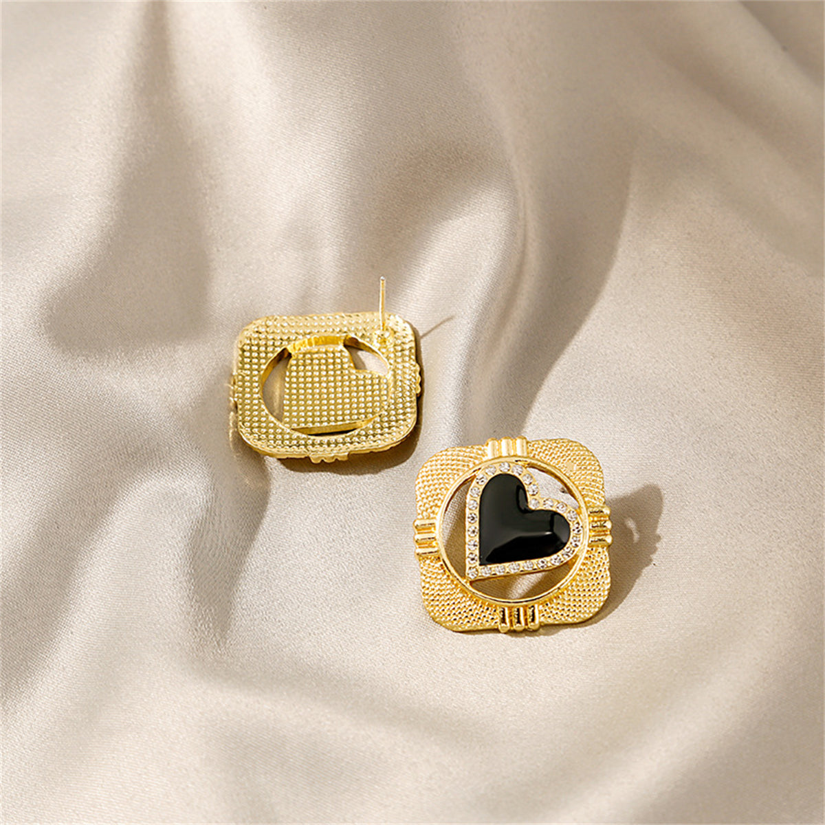 Cubic Zirconia and 18K Gold-Plated Heart Rhombus Stud Earrings, gold stud earrings for women, everyday style, detail close-up