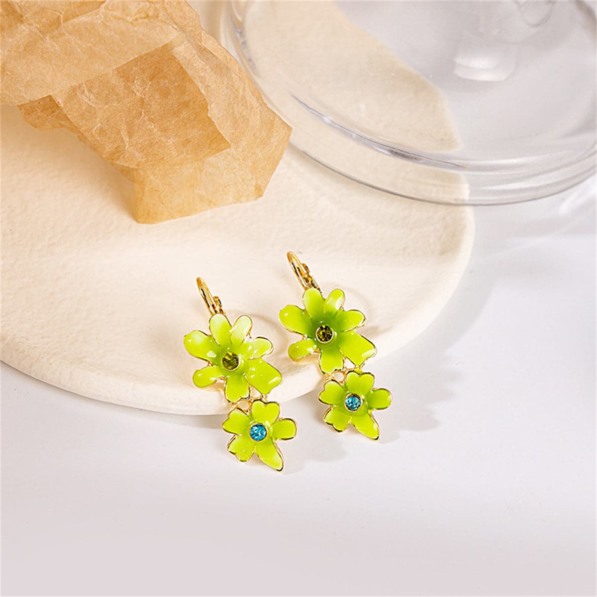 Green & Blue Cubic Zirconia Stacked Floral Charm Huggie Earrings